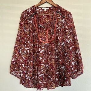 Gibson & Latimer Boho Paisley Print Peasant Blouse XL | Embroidered Braiding